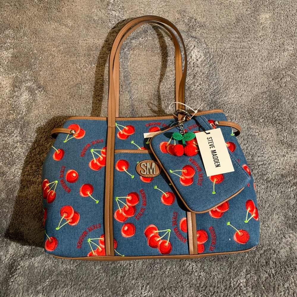 Steve Madden Denim Cherry Print Tote Bag Blue Red Embroidered Shopper with Pouch